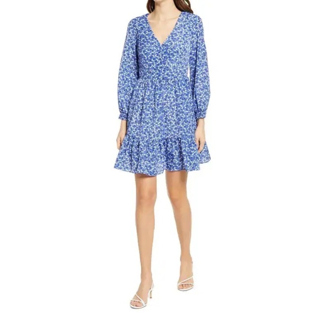 Eliza J Blue‎ White Cherry Print Long Sleeve Ruffle Hem Mini Dress Size 4